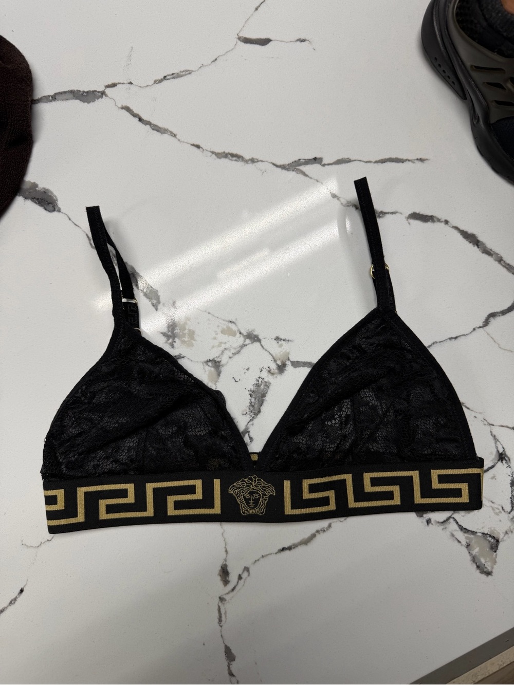 Versace Black Lace Triangle Bralette with Gold Greek Key Band